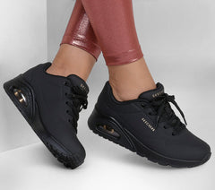 Women's Wide Fit Skechers 73690 Uno Stand On Air Walking Street Wear Trainers - Black/Black