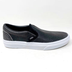 Vans Classic Slip On (Cracked Leather) Black White Womens Casual Shoes